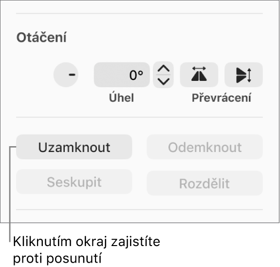 Ovládací prvky pro otočení a seskupení objektů; vyznačeno je tlačítko Zamknout