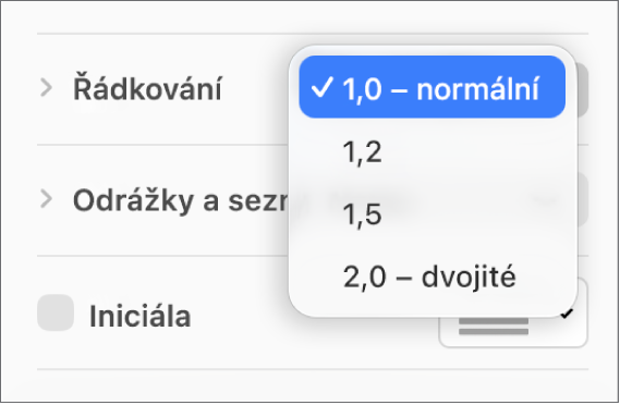 Místní nabídka Řádkování s volbami pro jednoduché a dvojité rozestupy a dalšími volbami