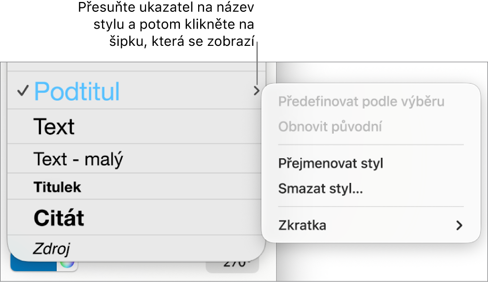 Nabídka Styly odstavců s otevřenou nabídkou zkratek.