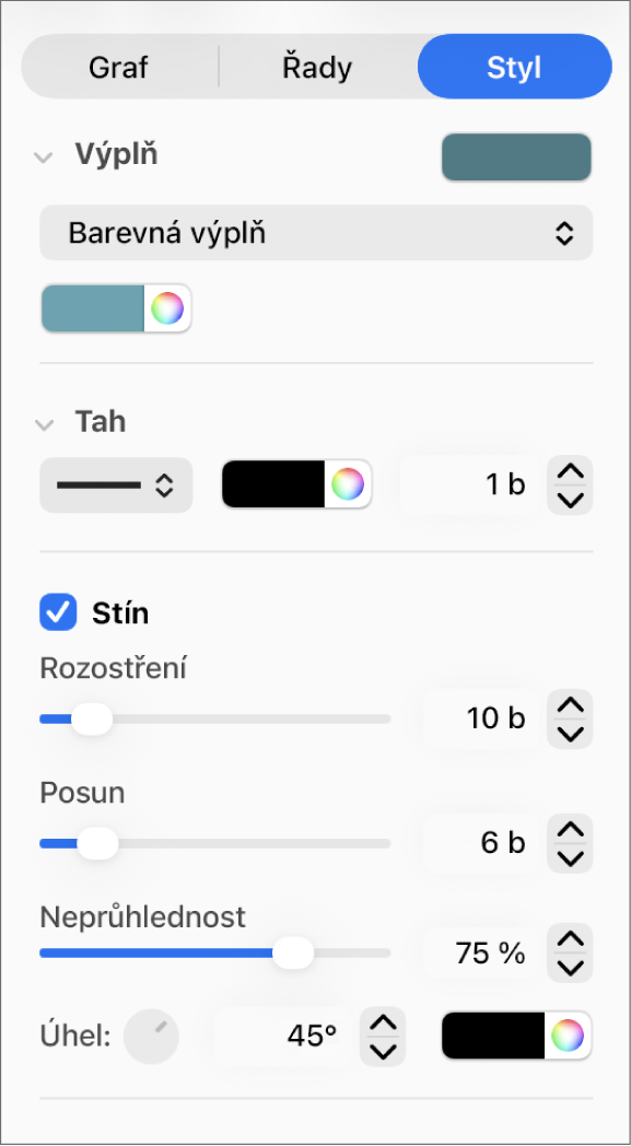 Ovládací prvky na bočním panelu pro změnu vzhledu vývojových linií