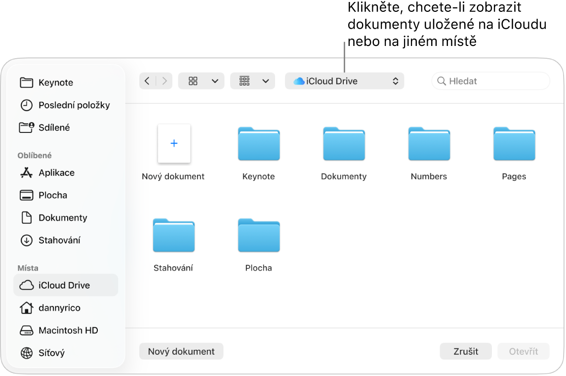 Dialogové okno Otevřít s otevřeným bočním panelem vlevo a iCloud Drivem vybraným v horní místní nabídce. Kromě tlačítka Nový dokument okno obsahuje složky pro Keynote, Numbers a Pages.