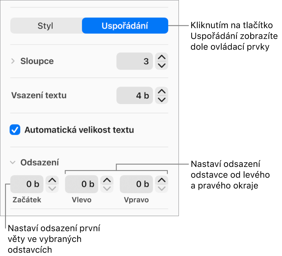 Oddíl Uspořádání na bočním panelu Formát, obsahující ovládací prvky pro odsazení prvního řádku v odstavci a nastavení okrajů odstavce