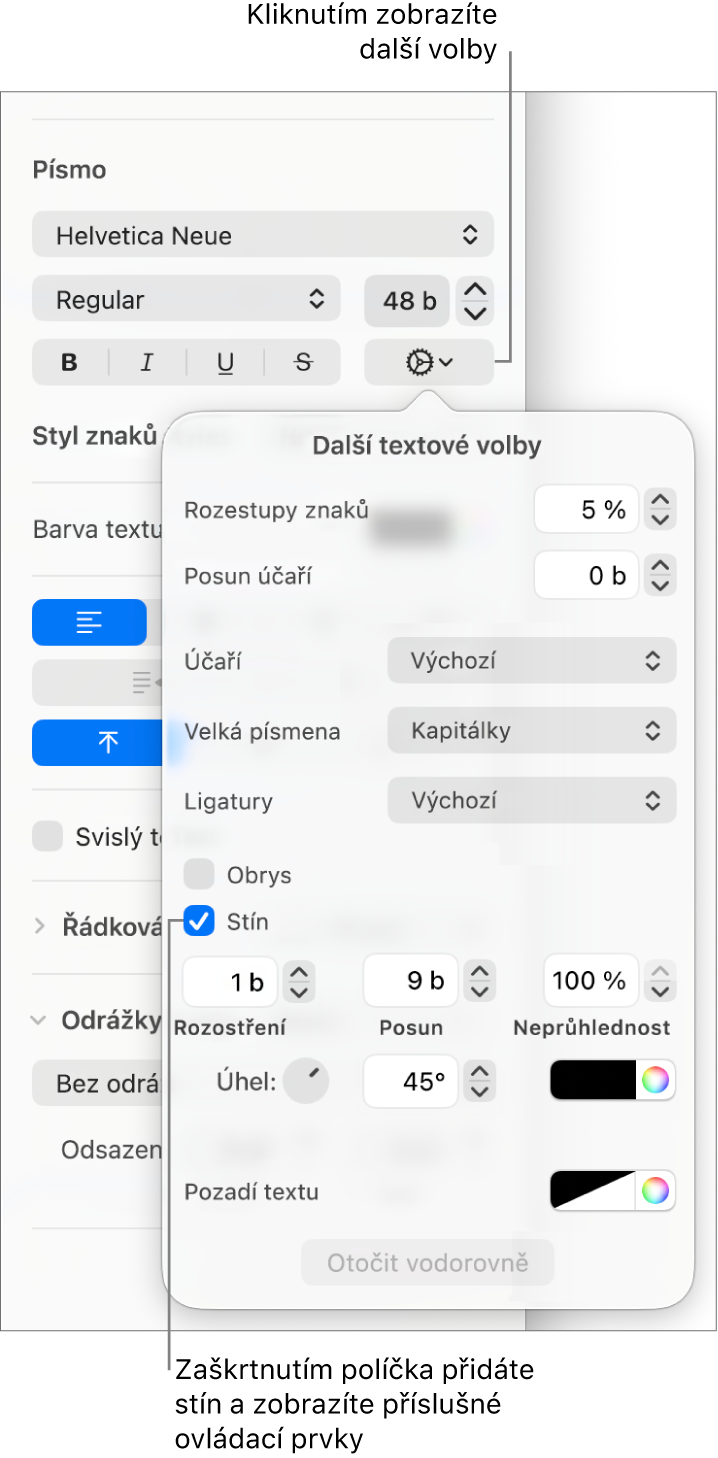 Otevřené Pokročilé volby se zaškrtnutým políčkem Stín a ovládacími prvky pro nastavení rozostření, posunutí, neprůhlednosti a barev