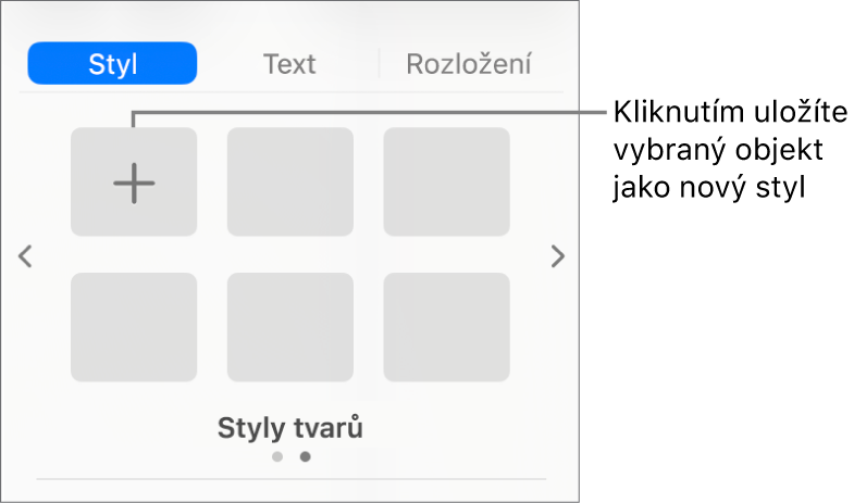 Karta Styl na bočním panelu Formát s jedním stylem textového rámečku, s tlačítkem Vytvořit styl vpravo od něj a se čtyřmi prázdnými maketami stylů