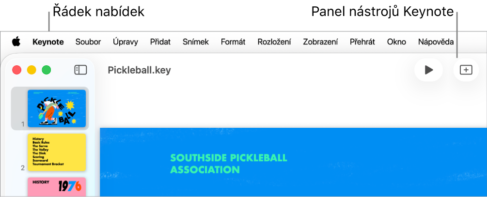 Řádek nabídek u horního okraje obrazovky s nabídkami Apple, Keynote, Soubor, Upravit, Přidat, Formát, Rozložení, Zobrazení, Přehrát, Sdílení, Okno a Nápověda. Pod řádkem nabídek je otevřená prezentace Keynote s panelem nástrojů a tlačítky