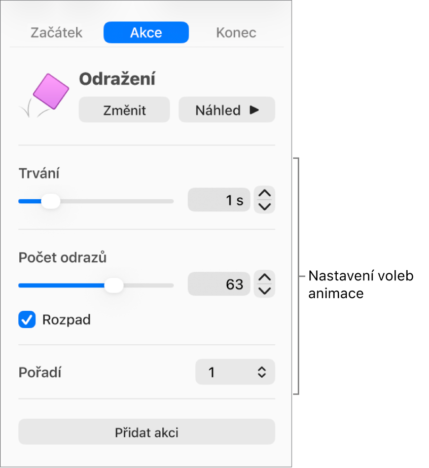 Ovládací prvky akcí v části Animace na bočním panelu