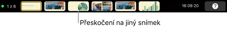 Touch Bar na MacBooku Pro, na němž jsou vidět ovládací prvky pro ukončení prezentace, přeskočení na různé snímky nebo přepnutí monitoru prezentujícího