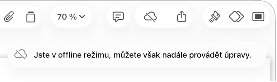Tlačítka u horního okraje obrazovky, mezi nimiž je tlačítko Spolupráce změněné na ikonu mraku přeškrtnutého diagonální linkou. Na obrazovce se zobrazí upozornění „Jste v offline režimu, můžete však nadále provádět úpravy.“