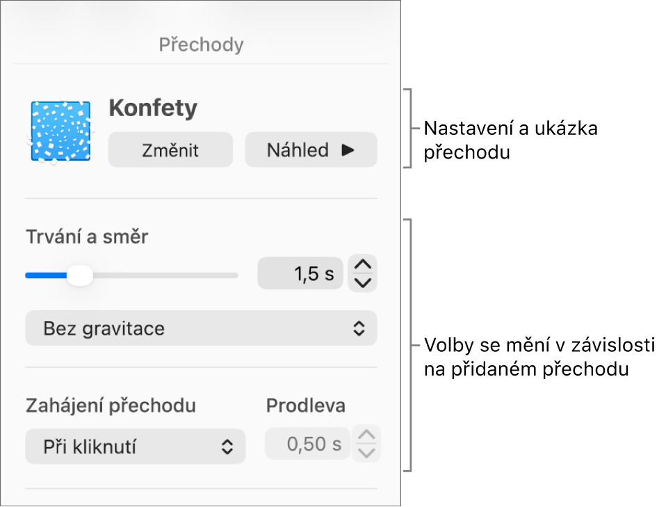 Ovládací prvky Přechody v části Přechody na bočním panelu