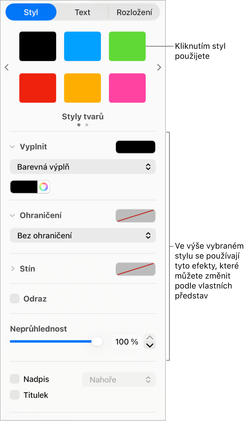 Styly a možnosti tvarů v části Formát na bočním panelu