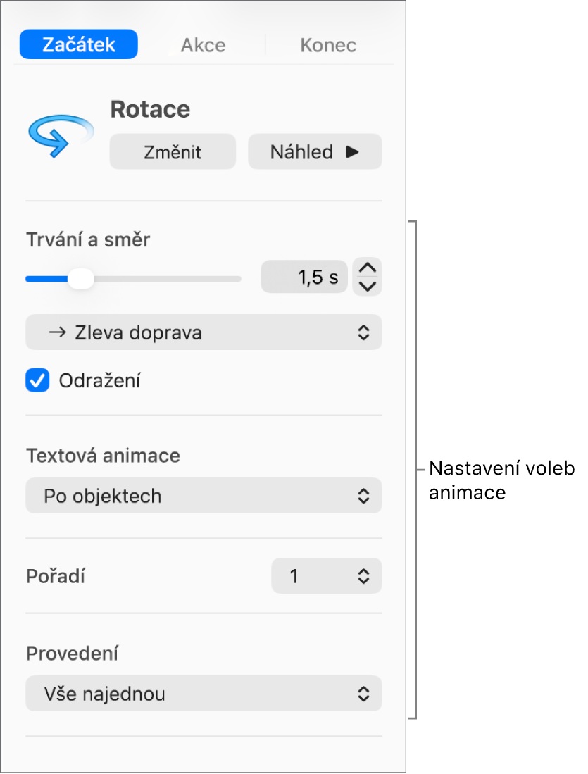 Volby začátku na kartě Animace na bočním panelu