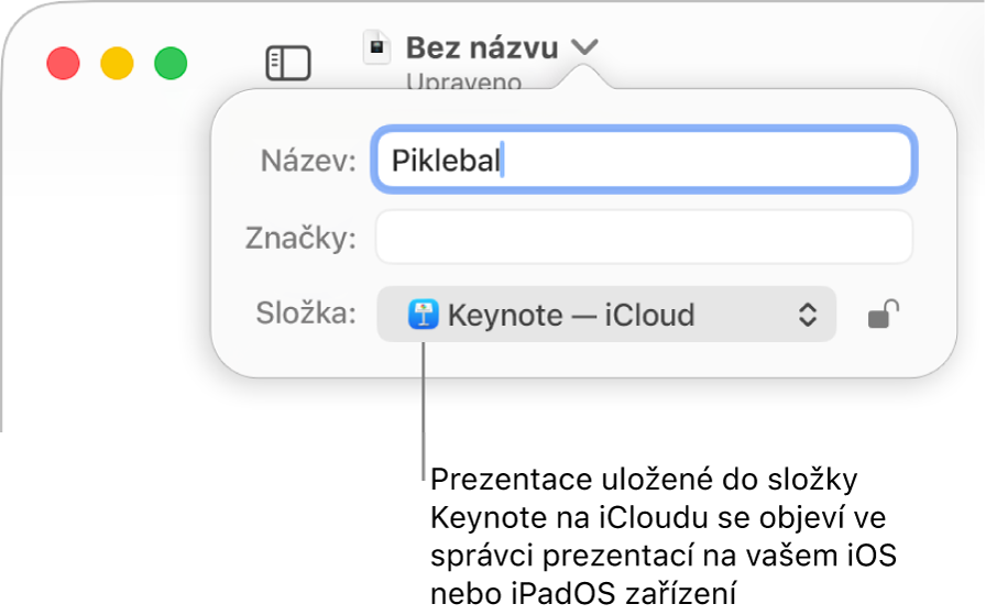 Ukládací dialogové okno pro prezentaci aplikace Keynote s vybranou položkou iCloud v místní nabídce „Kde“
