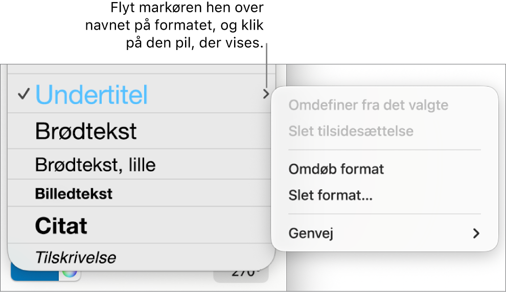 Menuen Afsnitsformater med åben genvejsmenu.