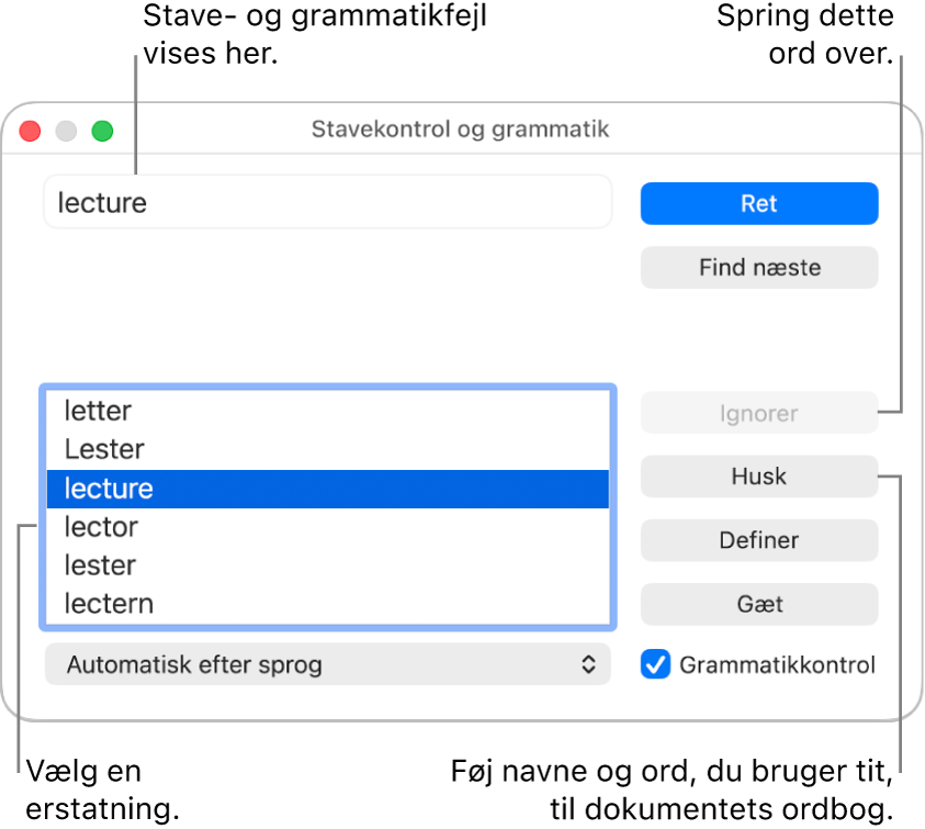 Vinduet Stavekontrol og grammatik.
