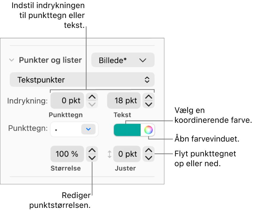 Punkter & lister med billedforklaringer til betjeningsmulighederne til indrykning af punkttegn og tekst, farve og størrelse på punkttegn og justering.