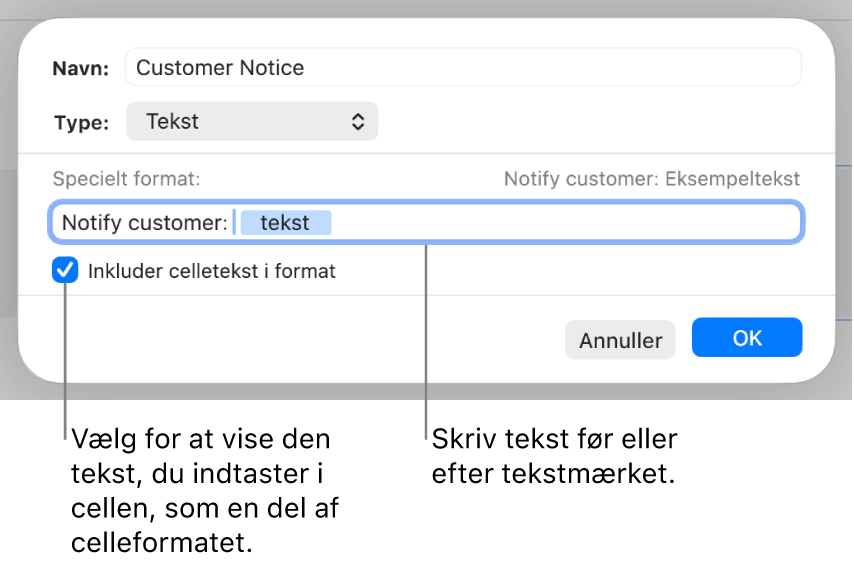 Specielt format til tekstceller.