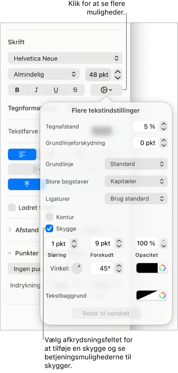 Avancerede indstillinger er åben med afkrydsningsfeltet Skygge valgt og betjeningsmuligheder til indstilling af sløring, forskydning, opacitet, vinkel og farve.