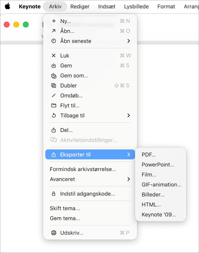Eksporter til er valgt på Arkivmenuen, og undermenuen vises med eksportmuligheder som f.eks. PDF, PowerPoint og Film.