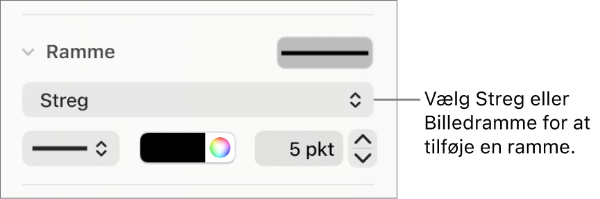 Betjeningsmulighederne til Rammeformat i indholdsoversigten Format med Linjevalg som rammetype.