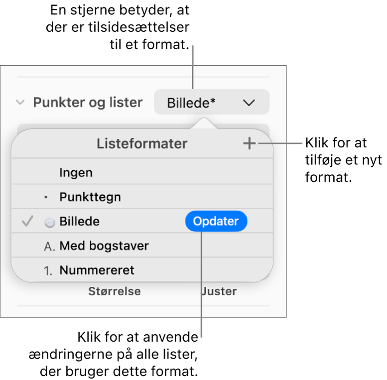 Lokalmenuen Listeformater med en stjerne, der viser en tilsidesættelse, en billedforklaring til knappen Nyt format og en undermenu med muligheder til styring af formater.