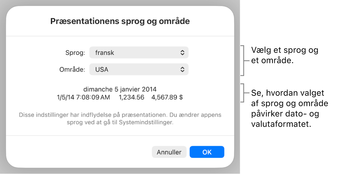 Vinduet Sprog & område med betjeningsmuligheder til sprog og område og et formateksempel, der viser dato, tid, decimaltegn og valuta.