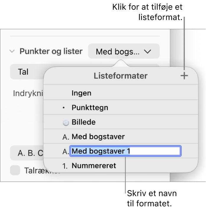 Lokalmenuen Listeformater med knappen Tilføj i øverste højre hjørne og et eksempel på et formatnavn med teksten valgt.