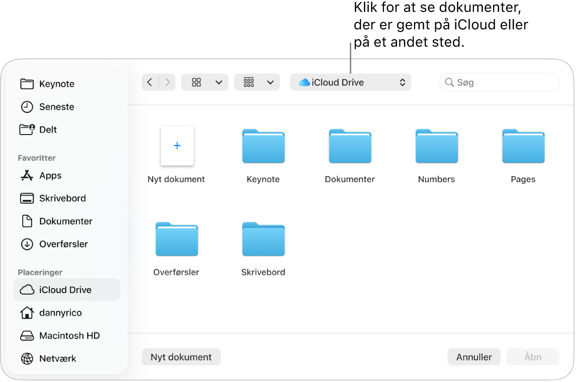 Dialogen Åbn med indholdsoversigten åben til venstre og iCloud Drive valgt på lokalmenuen øverst. Mapper til Keynote, Numbers og Pages vises i dialogen sammen med knappen Nyt dokument.