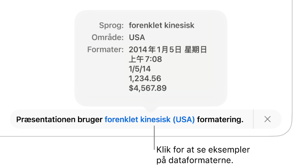 Notifikationen om de forskellige indstillinger af sprog og område, der viser eksempler på den formatering, som hører til sproget og området.