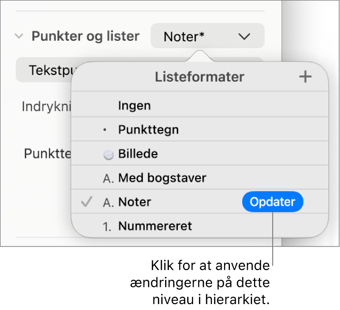 Lokalmenuen Listeformater med knappen Opdater ud for navnet på det nye format.