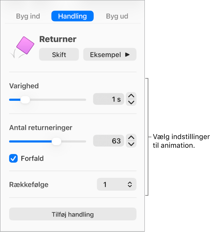 Betjeningsmuligheder til Handling under Animer i indholdsoversigten.