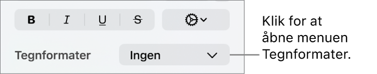 Lokalmenuen Tegnformater under betjeningsmulighederne til ændring af tekstens format og farve.