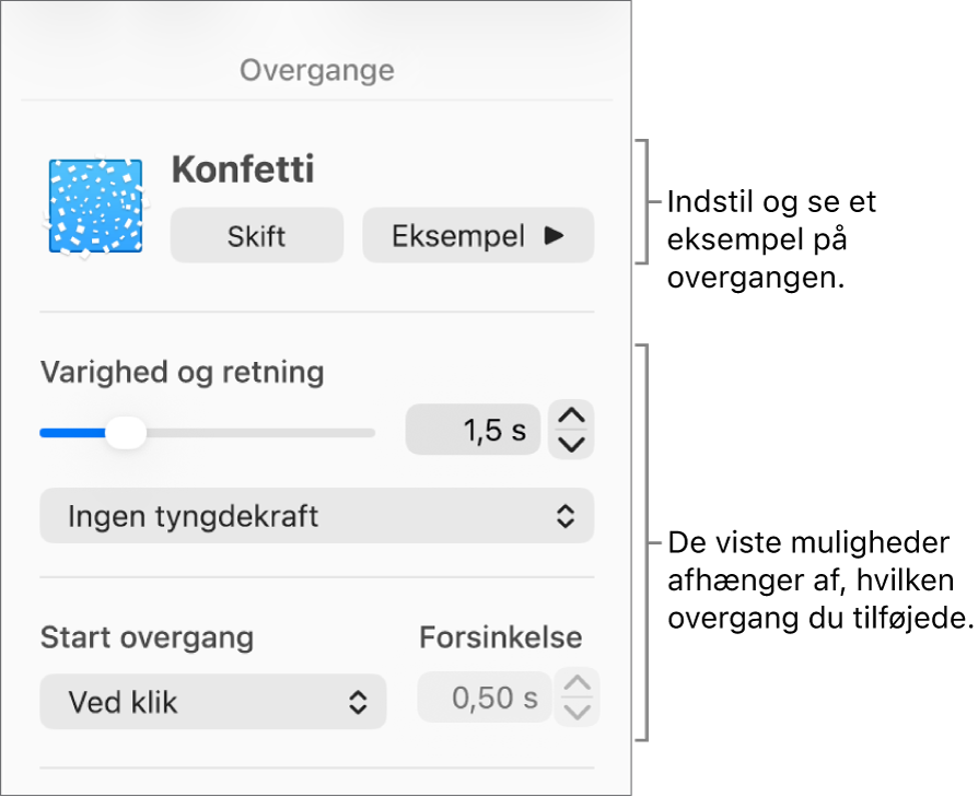 Betjeningsmuligheder til overgange under Overgange i indholdsoversigten.