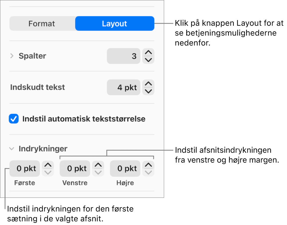Layout i indholdsoversigten Format med betjeningsmuligheder til indstilling af første linjes indrykning og afsnitsmargener.