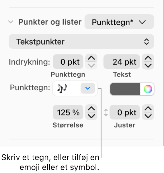 Sektionen Punkter & lister i indholdsoversigten Format. I feltet Punkttegn vises emoji-symbolet Blomst.