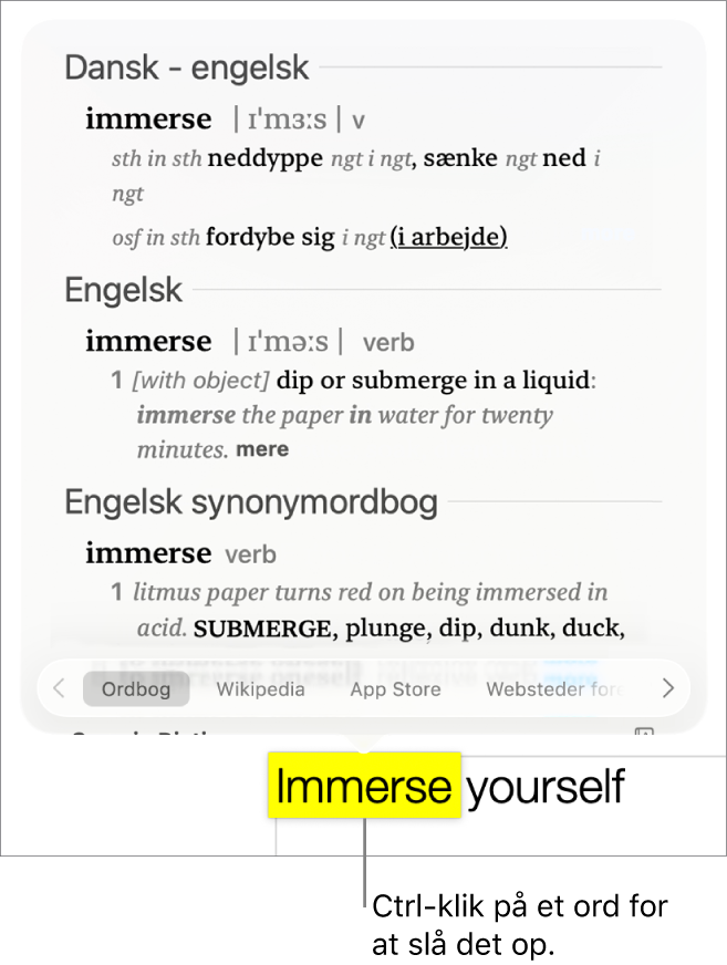 Tekst med et markeret ord og et vindue, der viser ordets definition og en indgang fra en synonymordbog. To knapper nederst i vinduet er links til ordbogen og til Wikipedia.