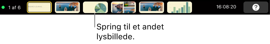 Touch Bar på MacBook Pro med betjeningsmuligheder, der bruges til at slutte præsentationen, gå til andre lysbilleder og skifte præsentationsskærm.