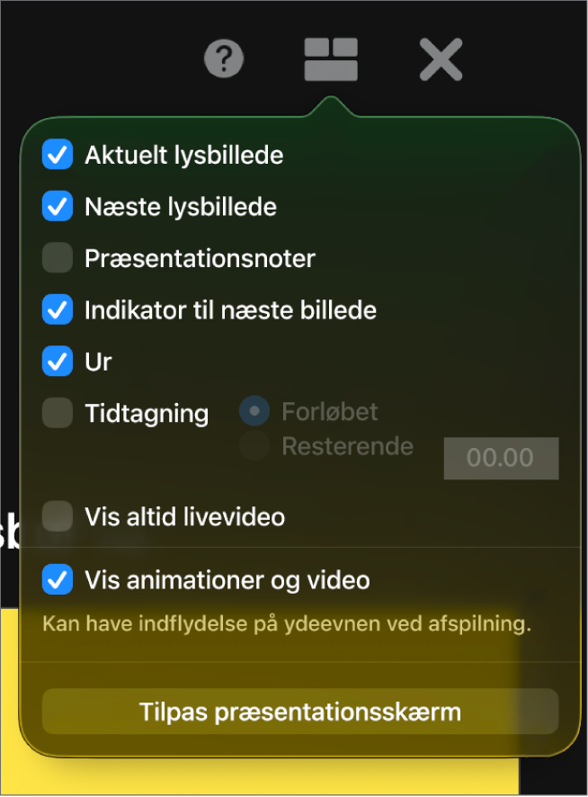 Valgmulighederne til præsentationsskærmen, blandt andet Aktuelt lysbillede, Næste lysbillede, Præsentationsnoter, Indikator til næste billede, Ur og Tidtager. Tidtageren kan enten vise den forløbne tid eller den resterende tid.
