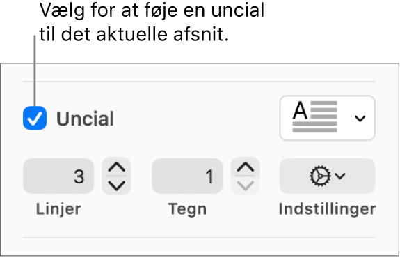 Afkrydsningsfeltet Uncial er valgt, og til højre for det vises en lokalmenu. Under det vises betjeningsmuligheder til indstilling af linjehøjde, antal tegn og andre indstillinger.