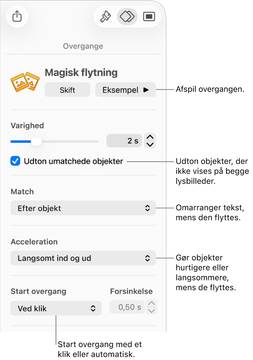 Magisk flytning-betjeningsmuligheder til overgange under Overgange i indholdsoversigten Animer.
