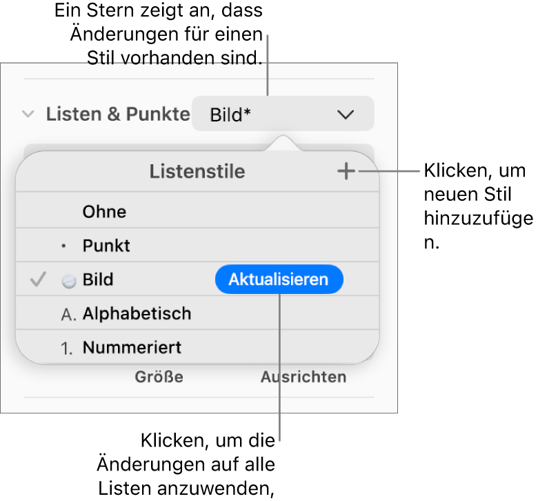 Das Einblendmenü „Listenstile“ mit einem Sternchen, das auf eine Stiländerung hinweist, Beschreibungen für die Taste „Neuer Stil“ sowie ein Untermenü mit Optionen zum Verwalten von Stilen