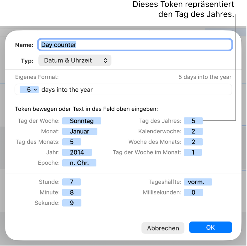 Das Fenster für ein eigenes Zellenformat mit Steuerelementen zum Erstellen eines Datums- und Uhrzeitformats