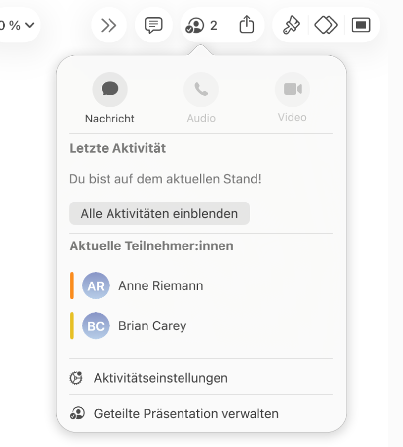 Das Menü für die Zusammenarbeit mit den Namen von Personen, die gemeinsam eine Präsentation bearbeiten.