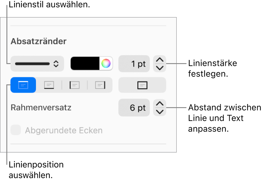 Steuerelemente, um Stil, Stärke, Position und Farbe der Linie zu ändern.