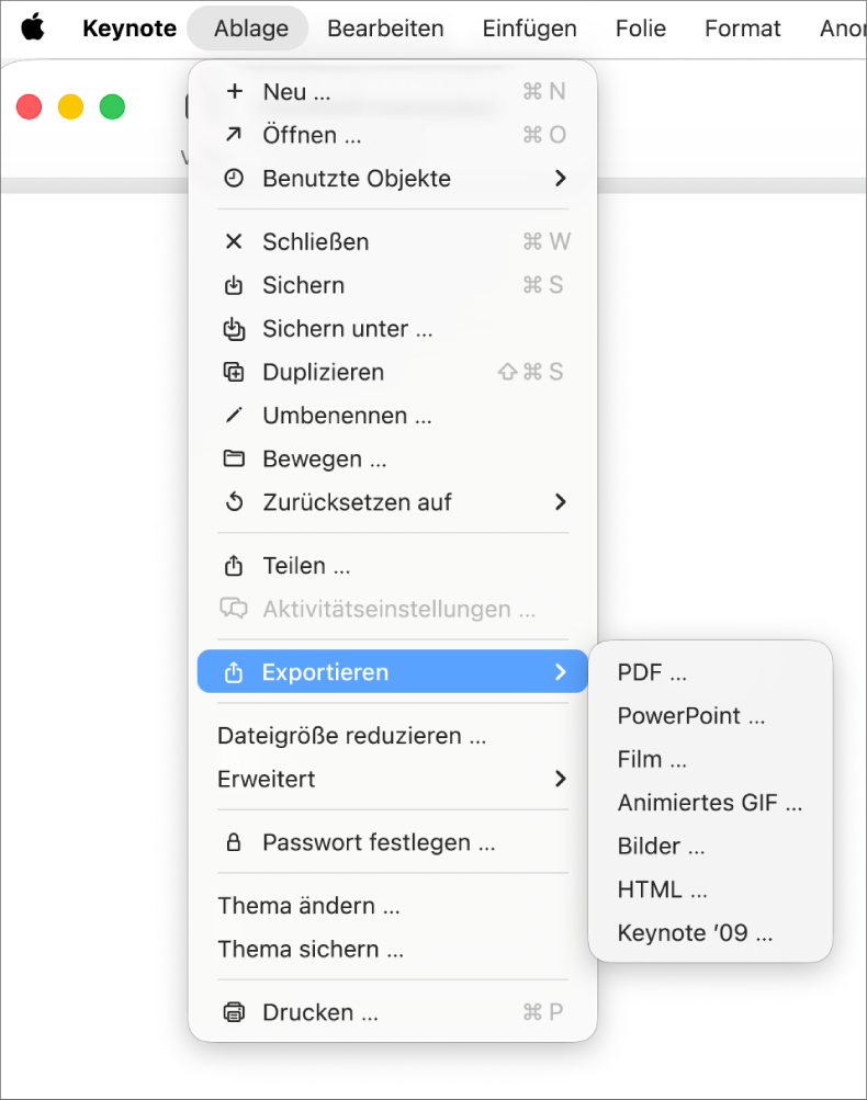 Das geöffnete Menü „Ablage“ mit ausgewählter Option „Exportieren“ und dem Untermenü, in dem Exportoptionen wie „PDF“, „PowerPoint“ und „Film“ angezeigt werden
