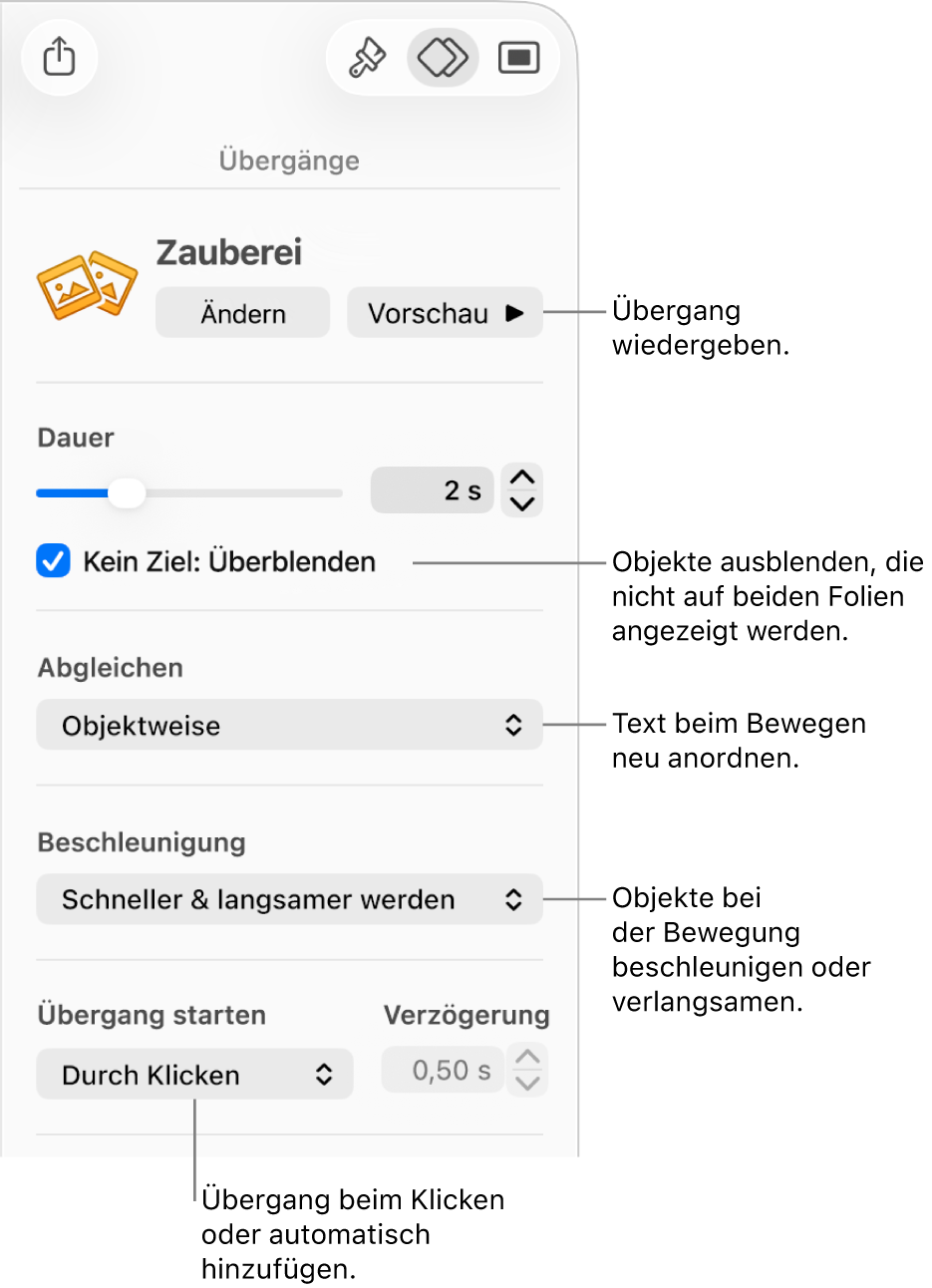 Steuerelemente für Zauberei im Bereich „Übergänge“ in der Seitenleiste „Animieren“