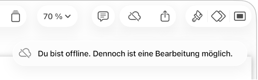 Die Tasten oben auf dem Bildschirm, darunter die Taste „Zusammenarbeit“, die als mit einer diagonalen Linie durchgestrichenen Wolke dargestellt wird. Ein Hinweis auf dem Bildschirm besagt, dass du offline bist, aber weiterhin arbeiten kannst.
