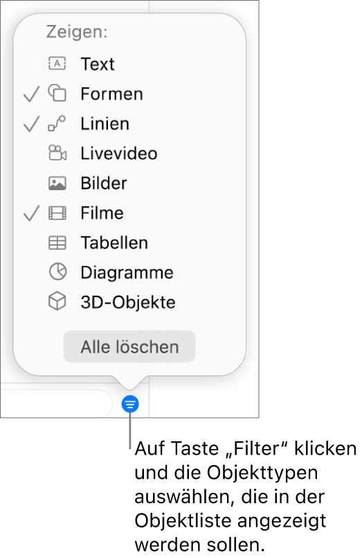 Das geöffnete Einblendmenü „Filter“ mit verschiedenen Objekttypen (Text, Formen, Linien, Bilder, Filme, Tabellen und Diagramme), die in der Liste enthalten sein können