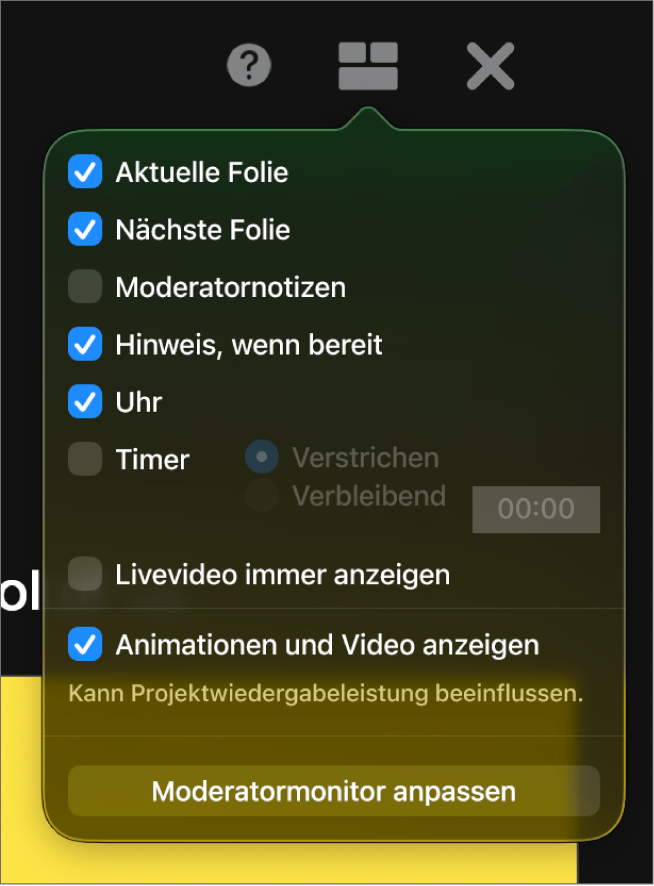 Zu den Optionen für den Moderatormonitor gehören: Aktuelle Folie, Nächste Folie, Moderatornotizen, Anzeige für „Bereit für „Weiter““, Uhr und Timer. Der Timer hat zudem Optionen, um die verstrichene oder verbleibende Zeit anzuzeigen.