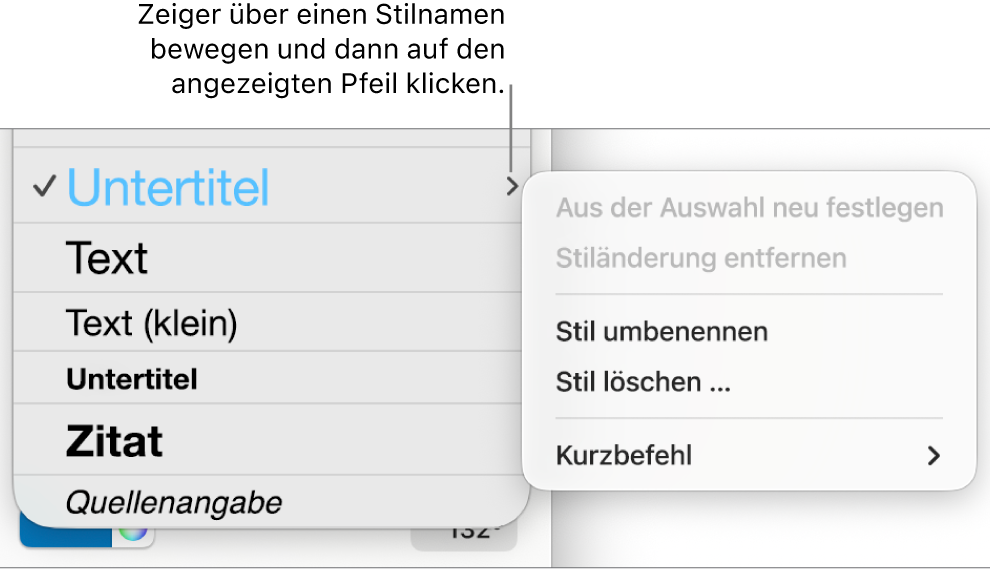 Das Menü „Absatzstile“ mit geöffnetem Kontextmenü