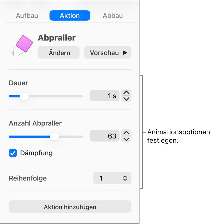 Steuerelemente für Aktionen im Bereich für Animationen in der Seitenleiste